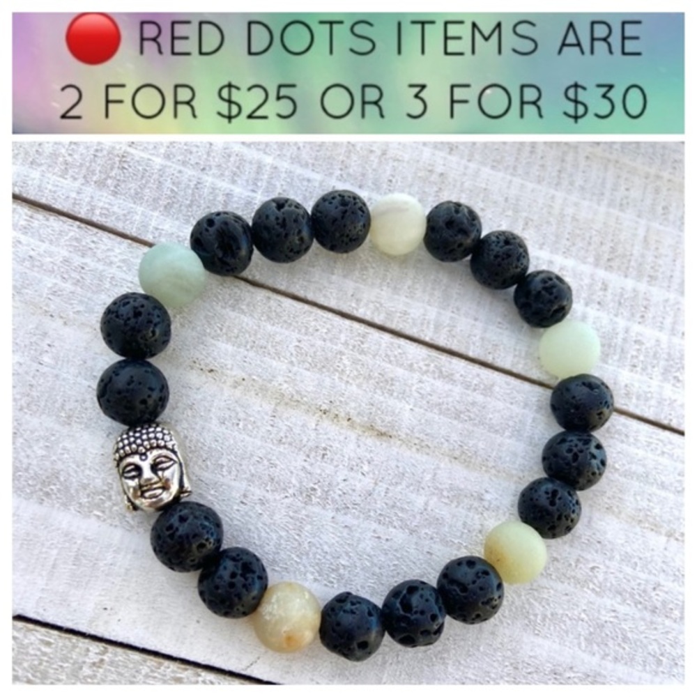 🔴Buddha bead bracelet . Lava rock & amazonite gemstones boho stack bracelet